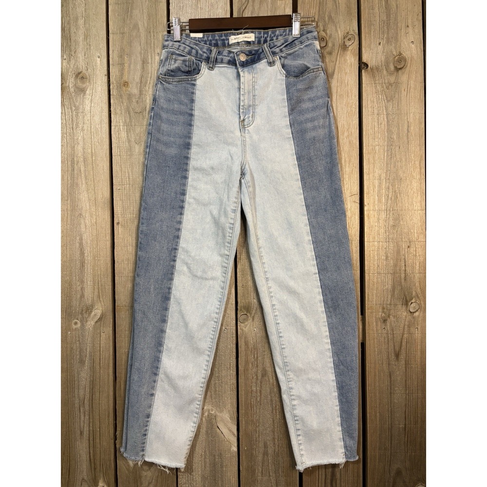 Almost Famous Colorblock Skinny Jeans • Y2K Raw Hem Denim • Size 9
